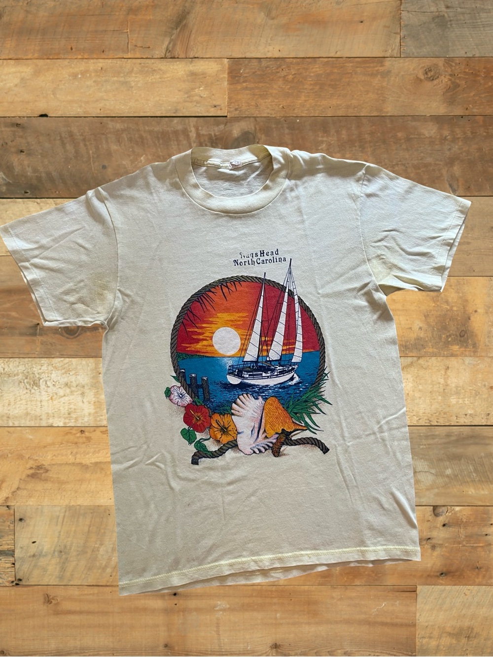 Vintage Nags Head NC Single Stitch Sailboat Faded Yellow Graphic T-Shirt Small